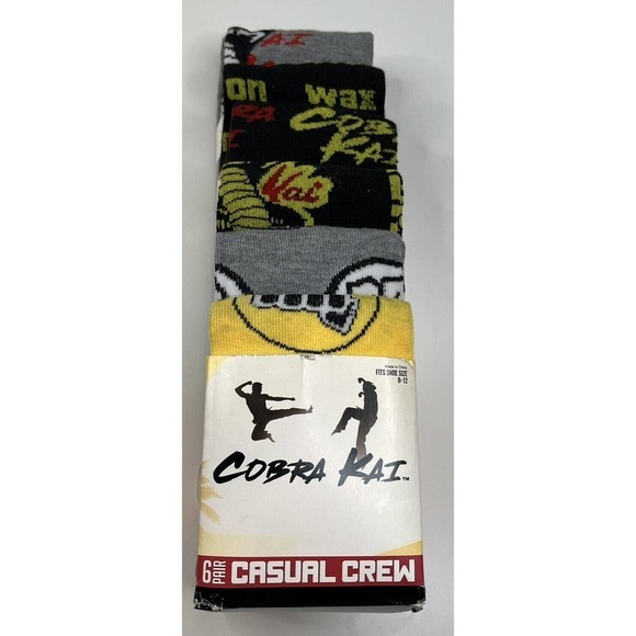 NWT Bio World Cobra Kai 6 Pair Crew Socks Size 8-12 Gray Yellow Red - Picture 2 of 4